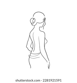 Retrato lineal de una mujer por la espalda en una toalla de baño. Ilustración vectorial de material aislada en fondo blanco.