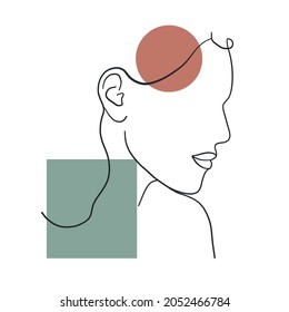 Linear portrait of a woman with colorful geometric elements. Hand drawn vector art. Minimalism style. Design for poster, cover, logo, tattoo sketch. Beauty and simple. Salon decor. Fashionable print