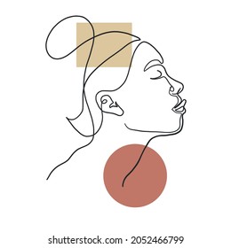 Linear portrait of a woman with colorful geometric elements. Hand drawn vector art. Minimalism style. Design for poster, cover, logo, tattoo sketch. Beauty and simple. Salon decor. Fashionable print