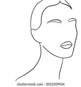 Linear portrait of a woman. Hand drawn outline sketch. Minimalism style. Beauty and simple. Salon decor. Fashionable print. Female silhouette. 