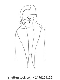 Linear portrait of woman in sunglasses. Continuous line art. One line drawing. Minimalist graphic.  