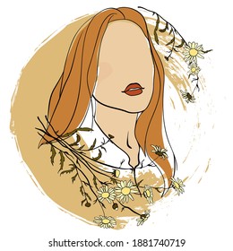 Linear portrait of a woman's face in the style of minimalism, drawing in natural tones of beige, the face of a young woman without eyes with big lips, a branch of chamomile botany
