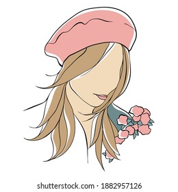 Linear portrait of a woman's face in the style of minimalism, drawing in pastel colors, the face of a young woman without eyes with big lips, a cashmere pink beret, a bouquet of flowers