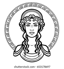 Linear portrait of the young Greek woman with a traditional hairstyle. Decorative circle. Vector illustration isolated on a white background.