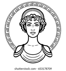 Linear portrait of the young Greek woman with a traditional hairstyle. Decorative circle. Vector illustration isolated on a white background.