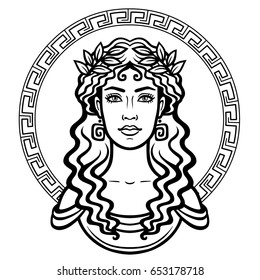 Linear portrait of the young Greek woman with a traditional hairstyle. Decorative circle. Vector illustration isolated on a white background.