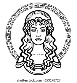 Linear portrait of the young Greek woman with a traditional hairstyle. Decorative circle. Vector illustration isolated on a white background.