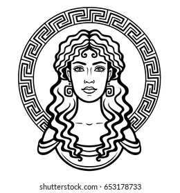 Linear portrait of the young Greek woman with a traditional hairstyle. Decorative circle. Vector illustration isolated on a white background.