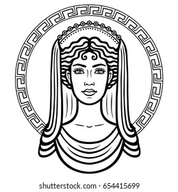 Linear portrait of the young Greek woman with a traditional hairstyle. Decorative circle. Vector illustration isolated on a white background.