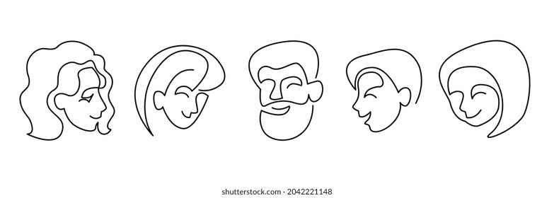 linear portraits of different smiling people, men, women, girls, boys