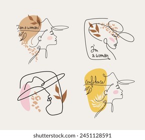 Linear portraits of young beautiful women wearing hat.  Collection of profile faces in one line style. I am a woman abstract vector illustrations