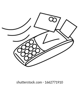Linear pos terminal and credit card. Vector black and white contactless payment illustration. Doodle style trading and banking picture. Image for printing in stores, logos on sites and print.