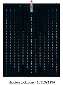 Linear poster calendar 2021 vector design. Vertical calendar template on black background for Turkey.