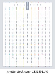 Linear poster calendar 2021 vector design. Vertical calendar template on white background.