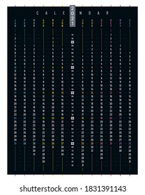 Linear poster calendar 2021 vector design. Vertical calendar template on black background.