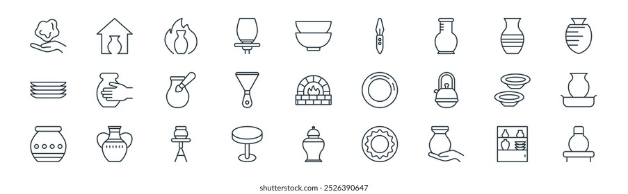 linear pottery and ceramic icon pack. vector thin line shelf, pottery, kiln, pottery, equipment, spinning wheel icons suitable for apps and websites ui designs