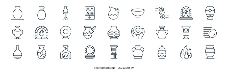 linear pottery and ceramic icon pack. vector thin line kiln, pottery, spinning wheel, kiln, pottery, dish, icons suitable for apps and websites ui designs