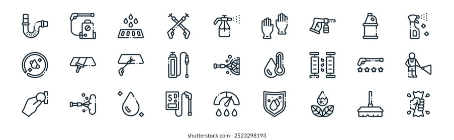 linear power washing icon pack. vector thin line broom, power washing, drainage, cleaning, power washing, water, cloth icons suitable for apps and websites ui designs