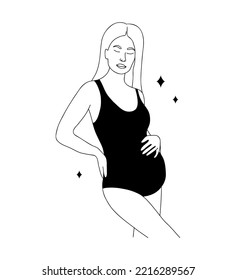 Linear pregnant woman. Abstract female silhouette in black underwear. Happy Mothers day. Modern vector illustration in line art style.