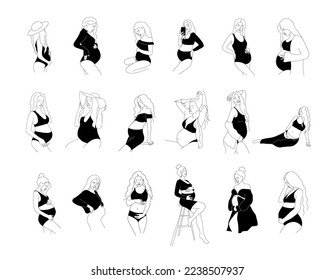 Linear pregnant women collection. Abstract female silhouettes. Prenatal period. Happy pregnancy and motherhood. Vector outline illustration in minimalistic style.