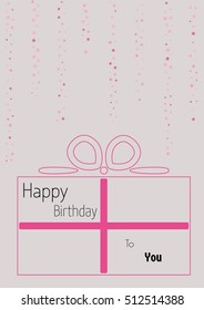 Linear present with squared falling confetti. Flat style illustration with text: Happy Birthday To You.