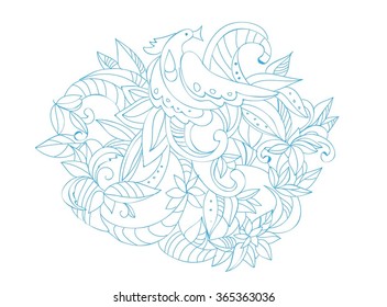 Linear print with bird. Decorative element for wedding invitation or post card. Outline pattern with abstract bird.