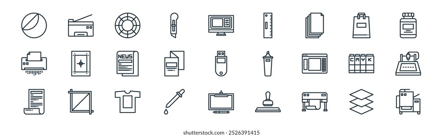 linear printing icon pack. vector thin line layer, copy hine, printing, shopping bag, brochure, cnc hine, tablet, printer icons suitable for apps and websites ui designs