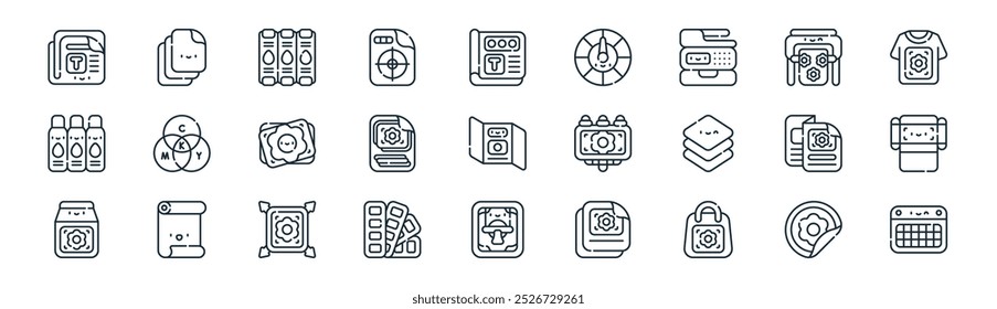 linear printing icon pack. vector thin line sticker, blank paper, ink cartridge, textile printing, print, die, screen, calendar icons suitable for apps and websites ui designs