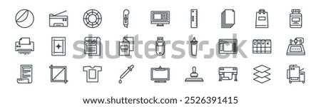 linear printing icon pack. vector thin line layer, copy hine, printing, shopping bag, brochure, cnc hine, tablet, printer icons suitable for apps and websites ui designs