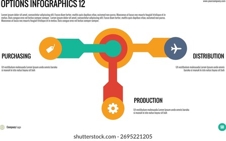 Linear Process Infographic: Visualize a sequential process or workflow with three distinct stages, like a supply chain or production flow