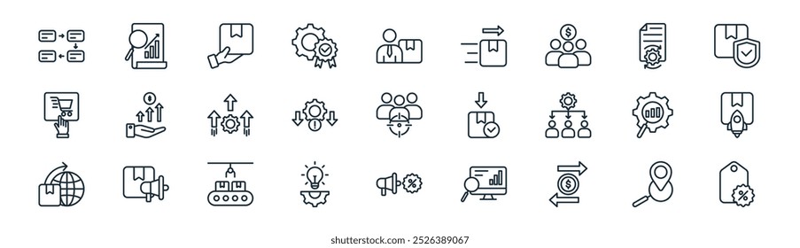 Vector de línea delgada de seguimiento, análisis de datos, entrega, procesamiento de datos, gestión de crisis, lanzamiento, venta flash, venta de iconos adecuados para App y Sitios web UI diseños