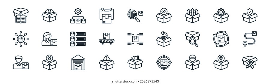 pacote de ícone de gerenciamento de produto linear. vetor linha fina adicionar produto, controle de qualidade, gerenciamento de produtos, gerenciamento, transportador, rastreamento, promoção, de ícones adequados para aplicativos e sites projetos de ui