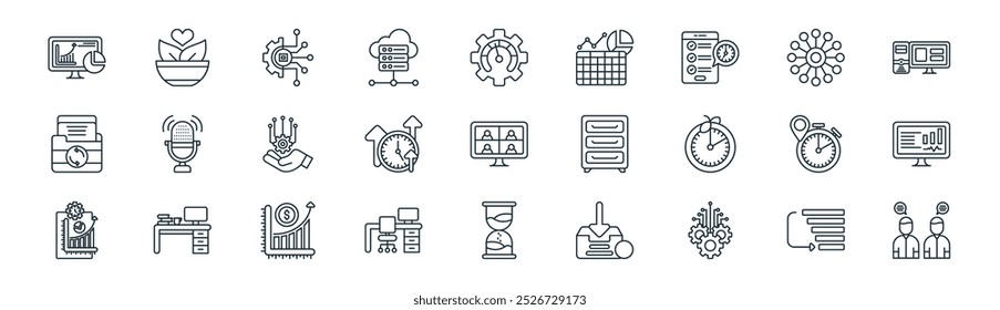 pacote de ícone de produtividade linear. vetor linha fina de baixa prioridade, alimentos saudáveis, automatizar, organização, eficiência, monitores, ampulheta, face a face ícones adequados para aplicativos e sites