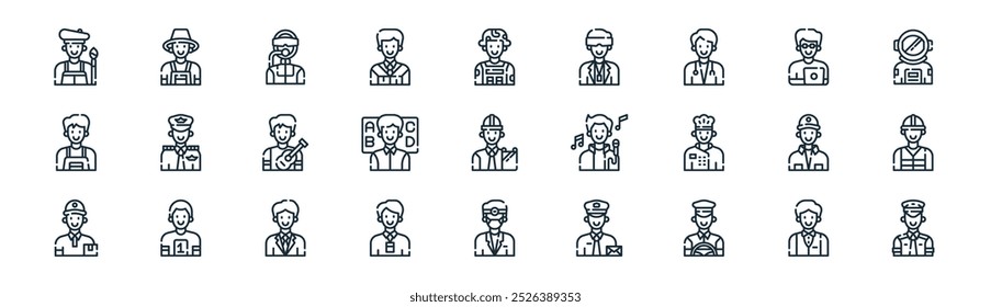 linear profession avatar man icon pack. vector thin line waiter, farmer, snorkeling, programmer, teacher, engineer, dentist, police icons suitable for apps and websites ui designs