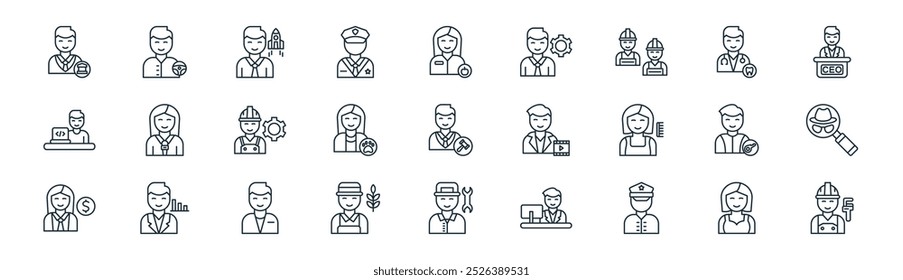 linear professions men diversity icon pack. vector thin line model, driver, astronomer, dentist, veterinarian, detective, mechanic, plumber icons suitable for apps and websites ui designs