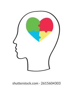 Linear profile, silhouette of a person with a heart in the form of a puzzle in his head. Symbol of autism, mental diversity. Vector graphics.