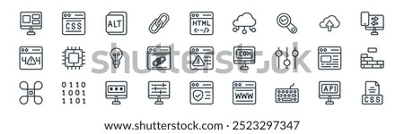 linear programming icon pack. vector thin line api, css, alt, upload, website, wall, shield, css icons suitable for apps and websites ui designs