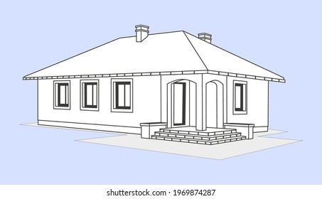Linear project of the house. White silhouette of a cottage-type house. Isolated. Vector