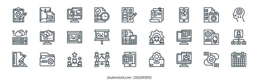 Vector de flujo de trabajo de línea delgada, documento, marketing, fecha límite, presentación, diagrama de flujo, tableta, iconos de programación adecuados para App y Sitios web Diseños de interfaz de usuario