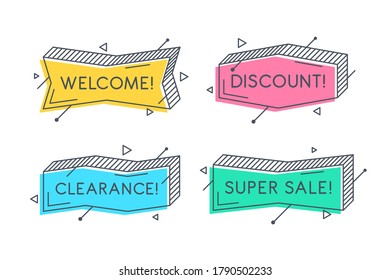 Linear promotion banner shape, colorful sticker. Vector illustrations set