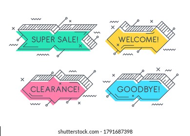 Linear promotion banner shape, colorful sticker. Vector illustrations set