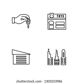 Linear Property, Garage, Shop, Buildings Vector Illustration Of 4 outline Icons. Editable Pack Of Property, Garage, Shop, Buildings