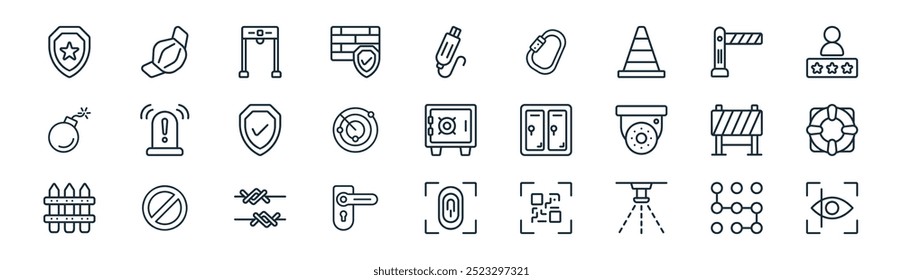 linear protection and security icon pack. vector thin line lock pattern, medical mask, security gate, gate, radar, lifebuoy, fingerprint, eye scanner icons suitable for apps and websites ui designs