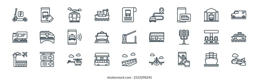 pacote de ícone de transporte público linear. vetor linha fina navio de carga, aplicativo, teleférico, estação de trem, táxi, barco de balsa, estrada, ícones de avião adequados para aplicativos e sites projetos de iu