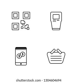 Linear Qr code, Smartphone, Cash machine, Shopping bag Vector Illustration Of 4 outline Icons.  