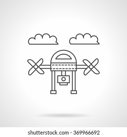 Linear quadcopter with camera. Action camera, surveillance. Unmanned aerial vehicle. Vector icon flat thin line style. Element for web design, business, mobile app. 
