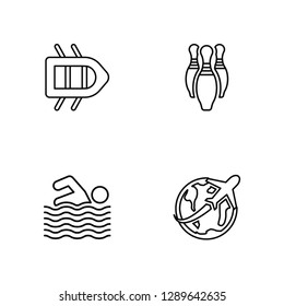 Linear Rafting, Swimming, Bowling, Travelling Vector Illustration Of 4 outline Icons. Editable Pack Of Rafting, Swimming, Bowling, Travelling