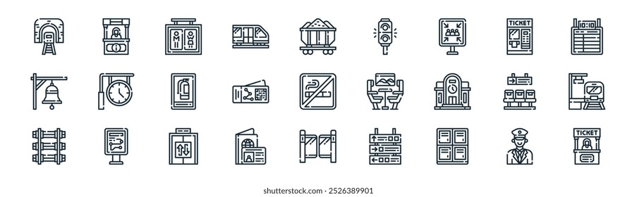 linear railway icon pack. vector thin line driver, information, toilet, ticket hine, ticket, train platform, turnstiles, booth icons suitable for apps and websites ui designs