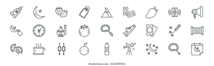 linear ramadan and eid icon pack. vector thin line tasbih, moon, strawberries, sound speaker, tomatoes, old scroll, milk bottle, calendar icons suitable for apps and websites ui designs