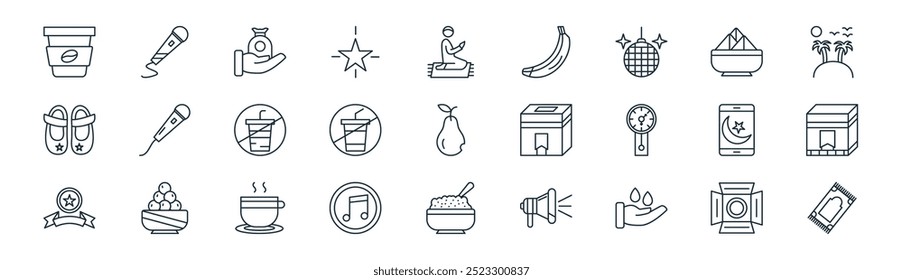 linear ramadan and eid icon pack. vector thin line spotlight, mic, zakat, samosa, no drink, kaaba, curry rice, prayer mat icons suitable for apps and websites ui designs